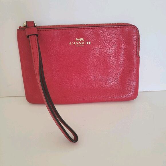 Coach Red Magenta Wallet Wristlet Clutch 6x4 Zip Pouch Leather Solid Pouch - Picture 1 of 7